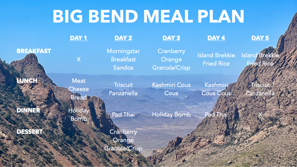 5 day big bend - backpacking meal plans for bearvault